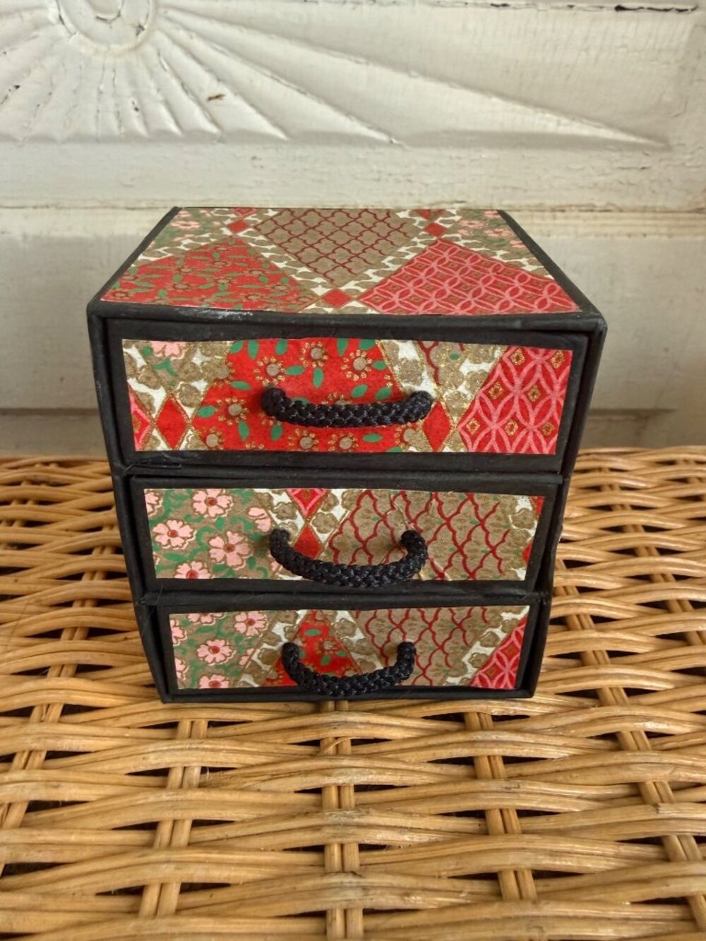 Vintage 90sJapanese Washi Paper 3 Drawer Trinket Jewelry Box Red Floral Mini Tan